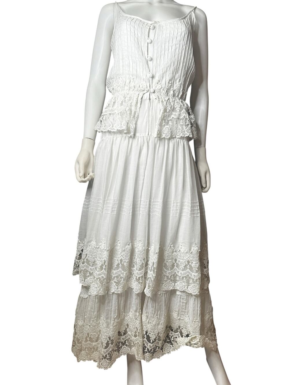Boho White Gauzy Cotton Tiered Maxi Dress Lace Trim Pintuck Button Fairycore